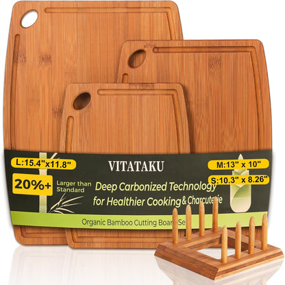 3 Piece Bamboo Cutting Board Set for Kitchen with Storage Stand, 15.4" Deep Carbonized Wood Cutting Board for Charcuterie, Serving Tray with Juice Grooves & Handles, Great Kitchen Gift