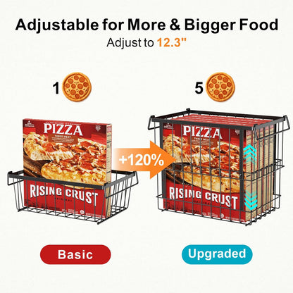 iSPECLE Deep Freezer Organizer Bins - Height-Adjustable Fit 12" Pizza, 2Pcs | Extra Large, Stackable For 5 to 7 Cu. Ft Chest Freezers, Easily Sort and Get Frozen Foods with Handles, No Digging, Black