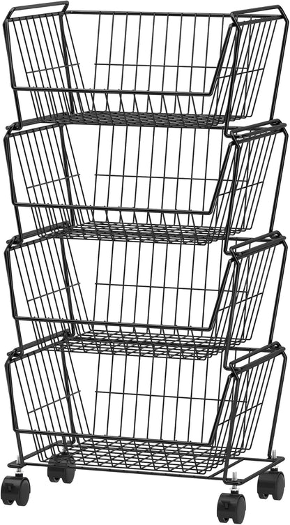 PUSDON 4-Tier Spacious Stackable Wire Storage Baskets with Wheels, Metal Rolling Utility Cart Organizer, Fruit and Vegetable Produce Basket for Kitchen Pantry, Everyday Bathroom Shelf, Silver Grey
