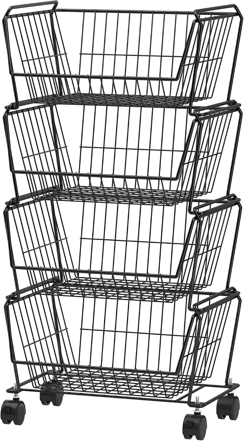 PUSDON 4-Tier Spacious Stackable Wire Storage Baskets with Wheels, Metal Rolling Utility Cart Organizer, Fruit and Vegetable Produce Basket for Kitchen Pantry, Everyday Bathroom Shelf, Silver Grey