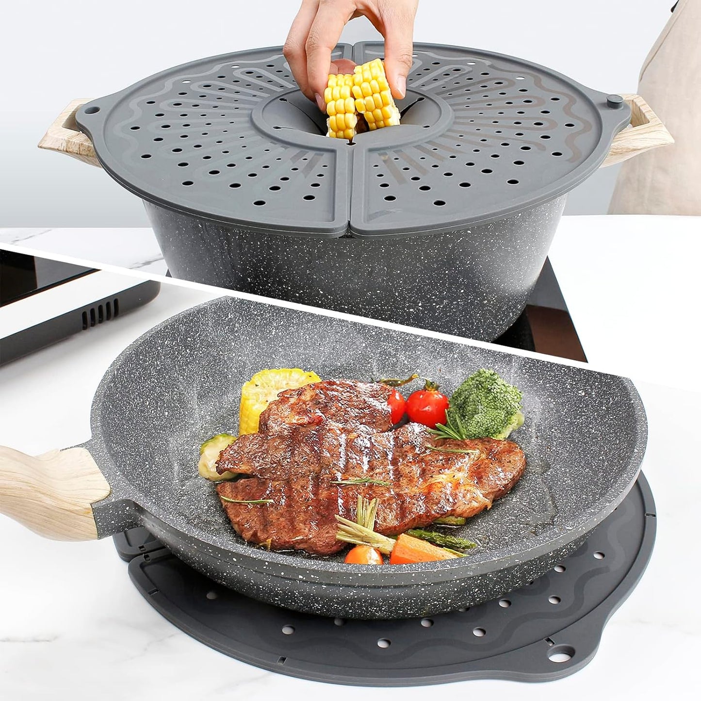 Foldable Silicone Splatter Screen for 10-12" Pans, BPA-Free, Gray | Foldable Splash Guard, Multi-Use Grease Splatter Guard/Trivet Mat,Non-Stick Oil Splatter Guard, Dishwasher Safe