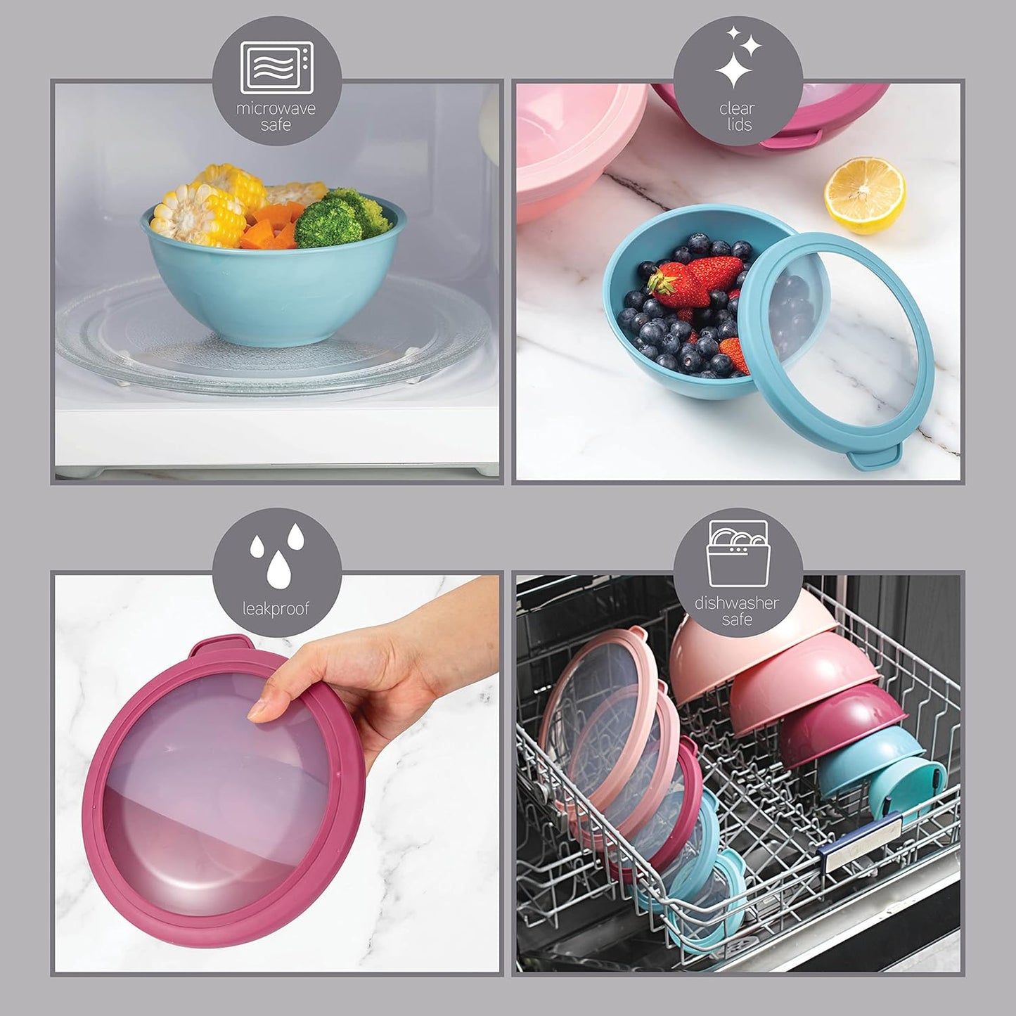COOK WITH COLOR Mixing Bowls with Lids - 12 Piece Plastic Nesting Bowls Set includes 6 Prep Bowls and 6 Lids, Microwave Safe Mixing Bowl Set, Pink Embossed - Colors B