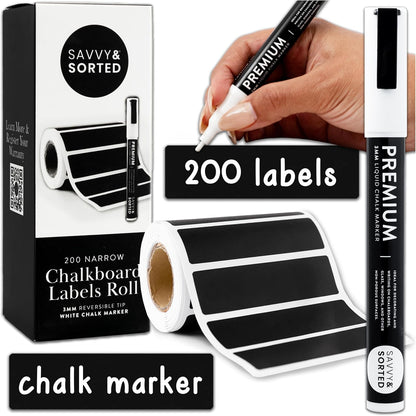 200 Chalkboard Labels for Food Containers, Reusable Black Stickers with Chalk Marker, Removable Pantry Chalk Board Jar Labels Stickers for Glass Jars, Storage Food Mason Jars, Kitchen Organization