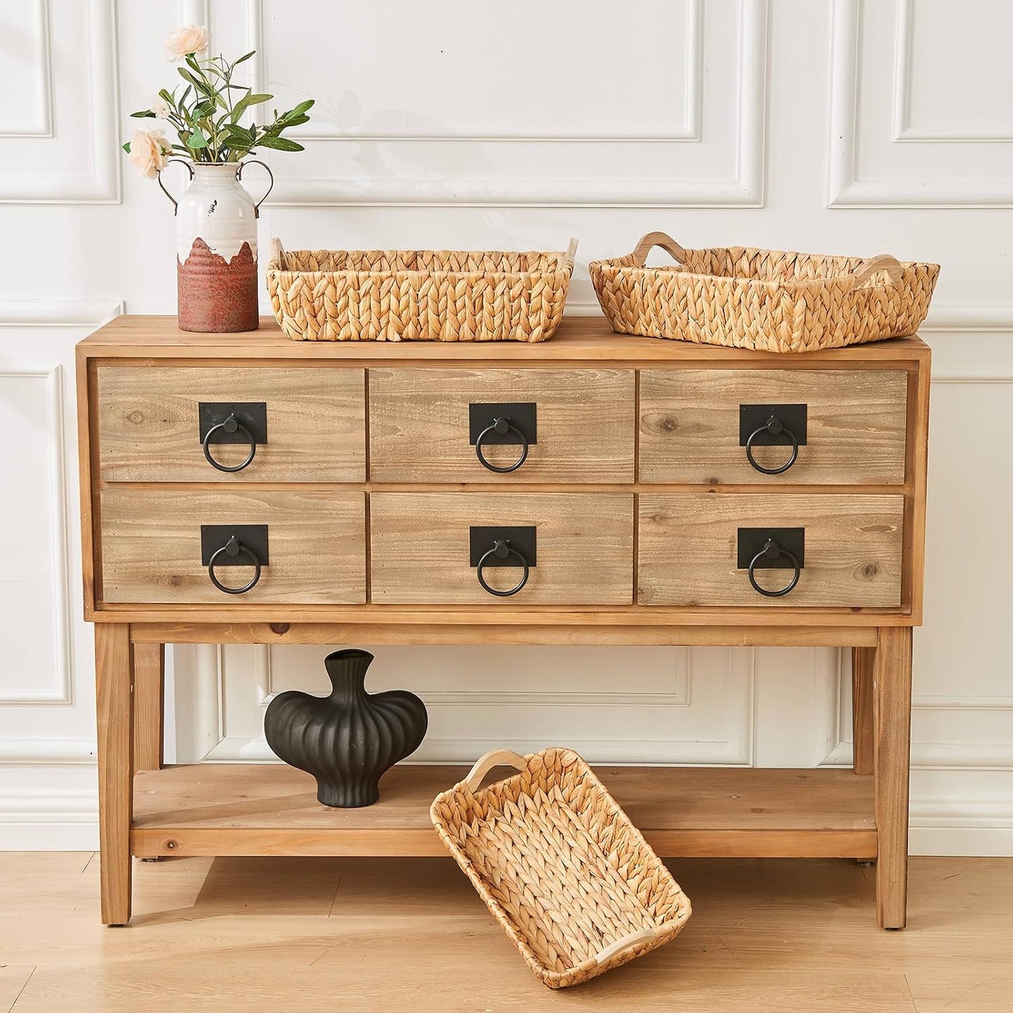 Woven Storage Baskets for Shelves (2-Pack), Handwoven Water Hyacinth Decorative Wicker Baskets with Wooden Handles for Pantry, Bathroom & Closet Organization (14.6" x 9.8" x 4.3")
