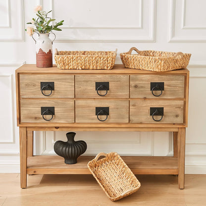 Woven Storage Baskets for Shelves (2-Pack), Handwoven Water Hyacinth Decorative Wicker Baskets with Wooden Handles for Pantry, Bathroom & Closet Organization (14.6" x 9.8" x 4.3")