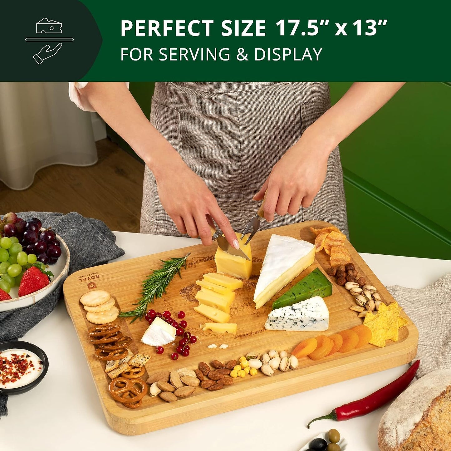 ROYAL CRAFT WOOD Premium Bamboo Charcuterie Board Set - Cheese Platter & Serving Tray & Serving Utensils - Perfect Housewarming Gift, Wedding, Bridal Shower Gift - Ideal for Entertaining and New Home