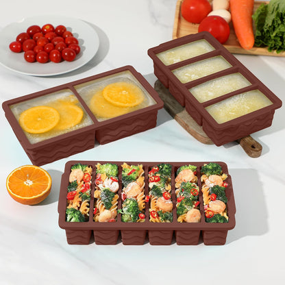 3-Pack Silicone Freezer Trays with Lid,2 Large 2-Cup(500ml)&4 Medium 1-Cup(250ml)&6 Small 1/2-Cup(125ml) Soup Freezer Container Molds,Ice Cube Tray For Meal Prep&Freezing Soup,Stews,Sauces