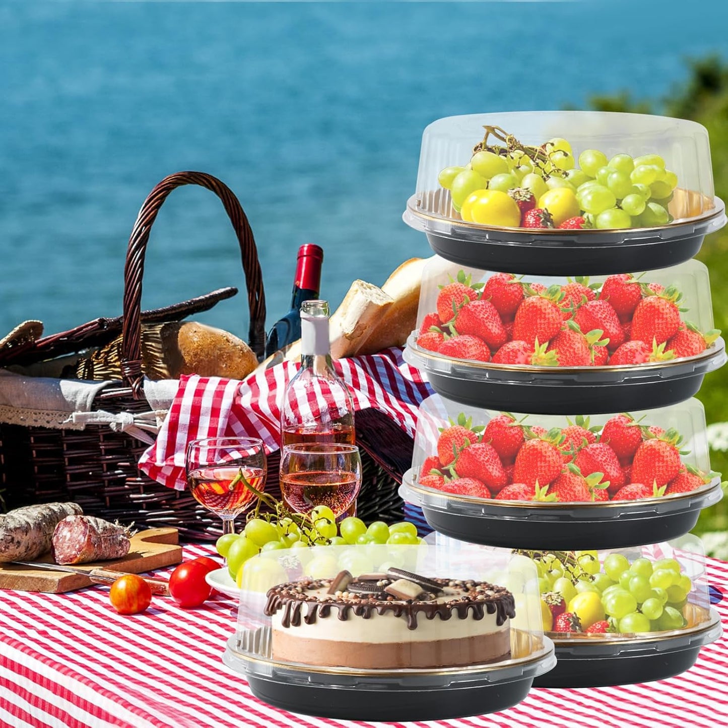 5Pack 10inch Round Clear +Gold Cake Carriers for Transport Plastic Cake Containers Carriers with Dome Lids and Cake Boards Clear Bundt Cake Boxes