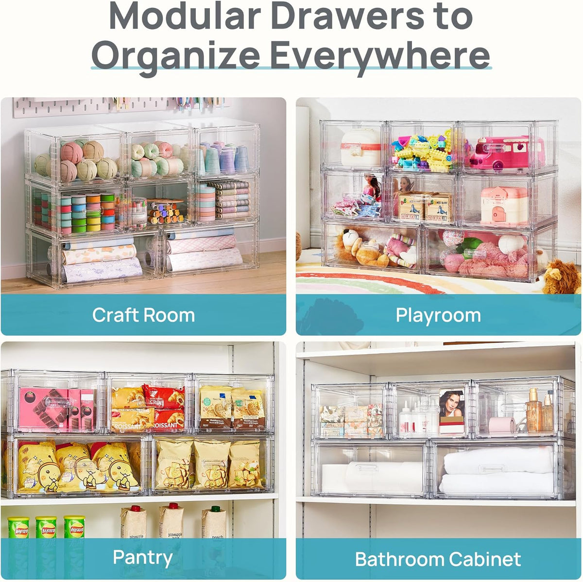 Vtopmart 2 Pack Clear Stackable Storage Drawers 15QT, Easily Assemble Closet Organizers,Plastic Storage Bins for Bathroom,Cabinet,Kitchen Pantry,Under Sink Organization(Medium)