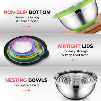 Onader Colorful Mixing Bowl Set of 6 for Kitchen, Large Stainless Steel Metal Nesting Mixing Bowls with Airtight Lids, Non Slip - Size 0.7, 1, 1.5, 2, 2.6, 4.6QT
