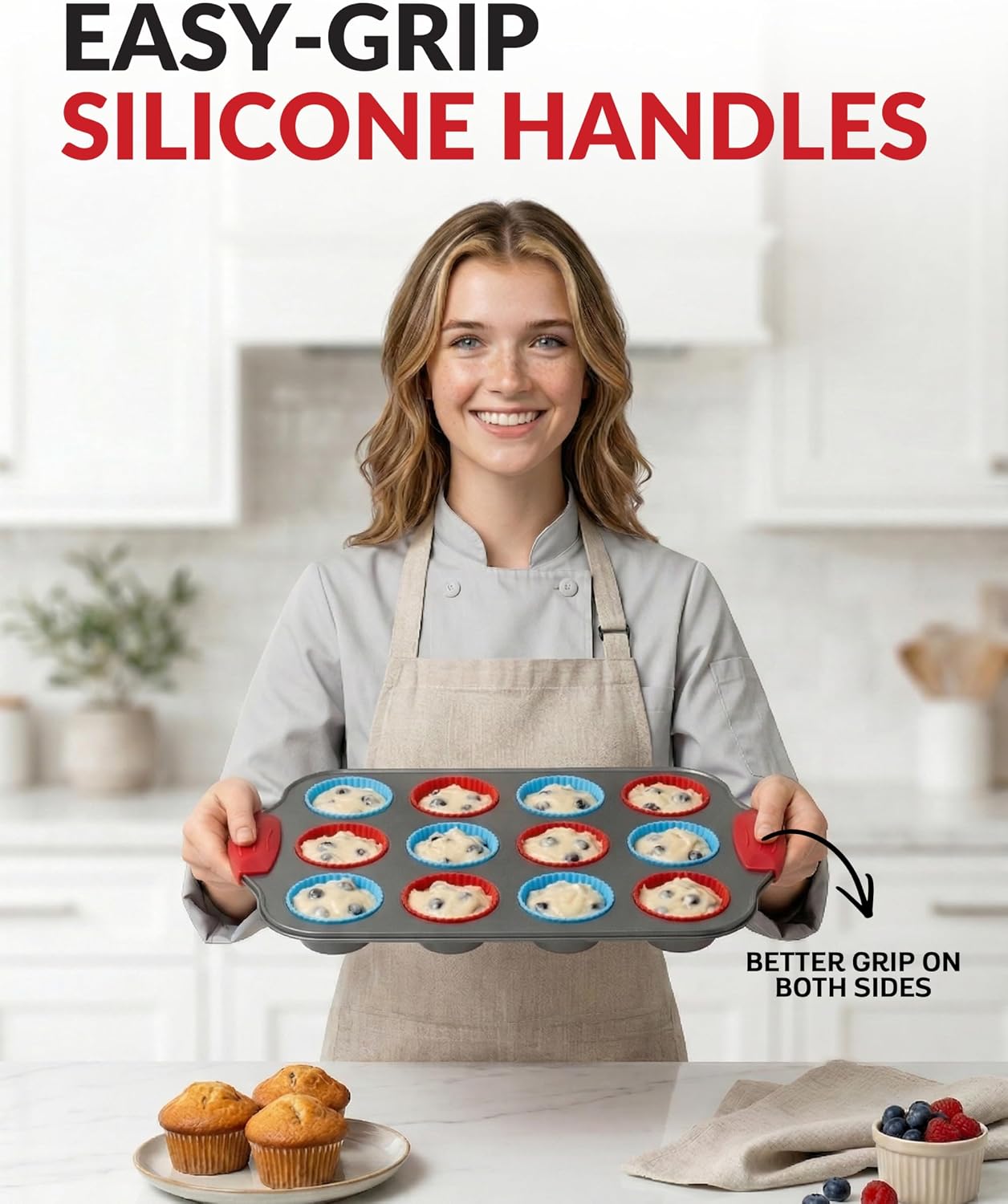 Boxiki Kitchen Non-Stick 12 Cup Silicone Muffin Pan with Steel Frame - BPA Free, Non-Toxic, Anti-Warp, Durable & Easy to Pop Silicone Muffin Tin - Perfect Cupcake Pan