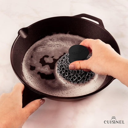 Cuisinel Cast Iron Scrubber Cleaning Brush + Pan/Grill Scraper - Skillet and Grill Cleaner Kit - Soft-Touch Confident-Grip Dish Scrub Tool - Tough on Grease, Gentle on Metal and Non-Stick Cookware