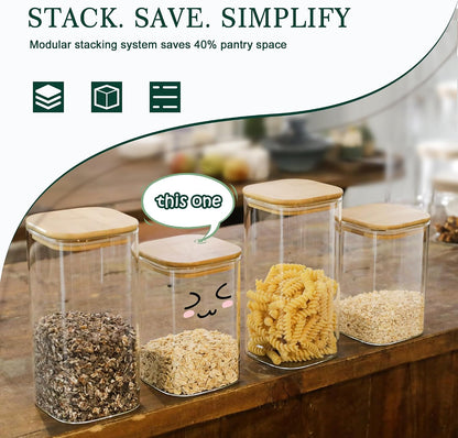 LIBWYS 12-Pack Square Glass Storage Jars with Bamboo Lids (0.6Qt/1.06Qt) - Stackable Food Containers for Pantry Organization, Coffee, Flour, Snacks, Tea | Kitchen Canisters Set