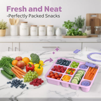 Snackle Box Container for Adults with 10 Compartment, Divided Serving Tray with Lid and Handle and 2 Sauce Containers, Portable Snack Box Container for Charcuterie Party Travel, Purple