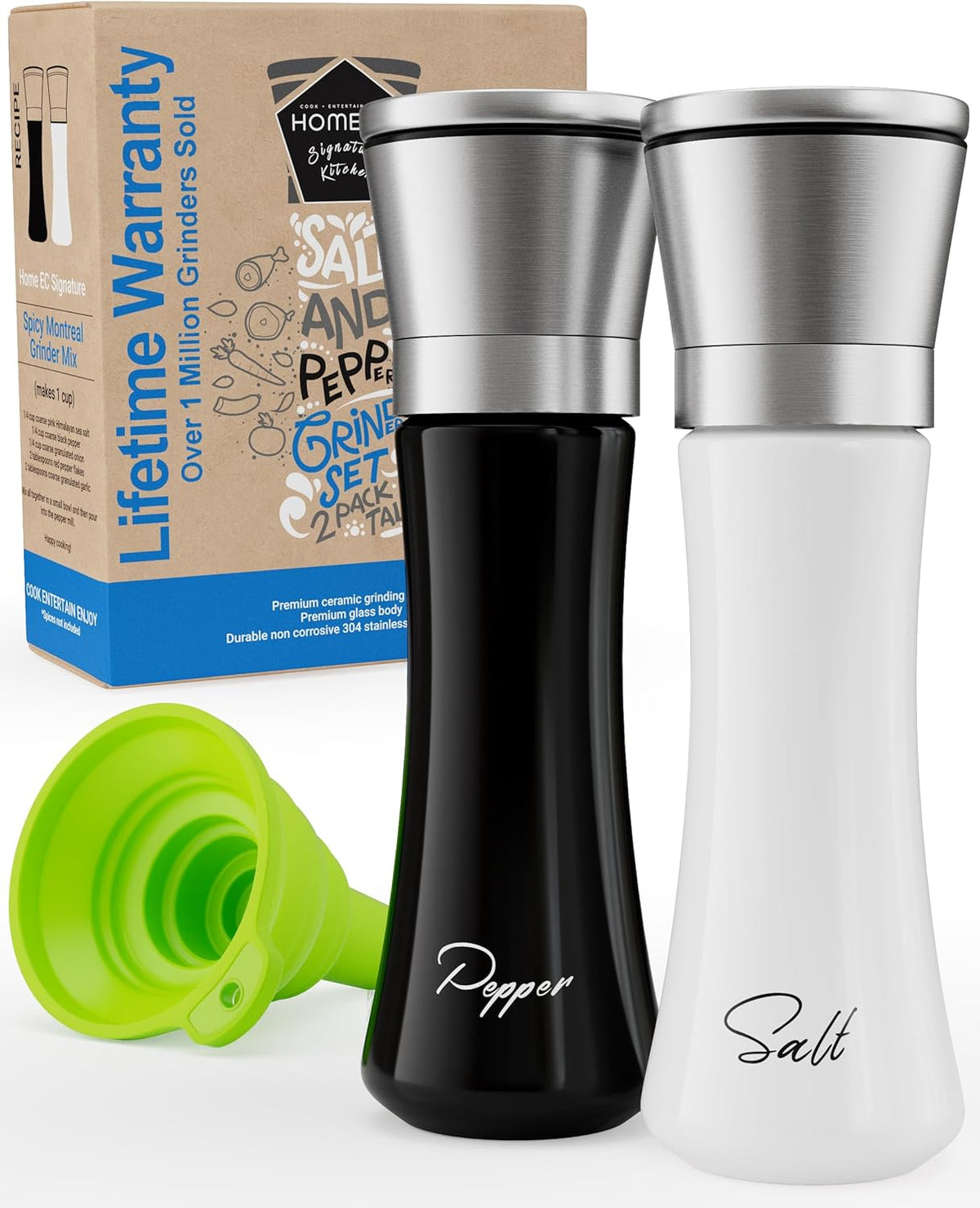 Home EC Premium Stainless Steel Sea Salt and Pepper Grinder Set of 2 - Adjustable Ceramic - Tall Glass Salt and Pepper Shakers - Kitchen Spice Mill W/Funnel & EBook