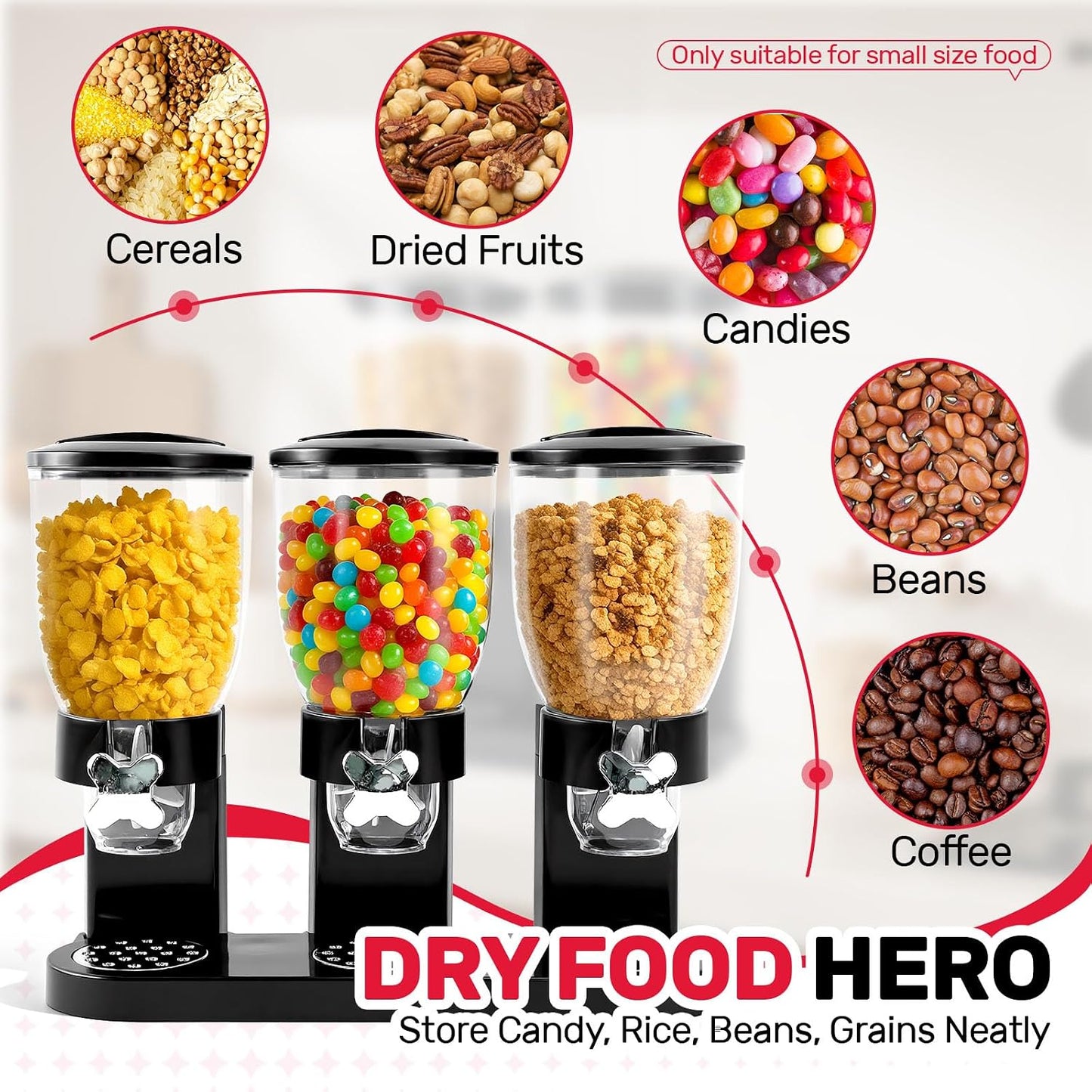 Triple Cereal Dispenser Countertop 2L, Airtight Cereal Containers Storage, Large Capacity Total 6L for Kitchen Pantry, Rotating Dry Food Dispenser for Candy, Nut, Coffee Beans, White
