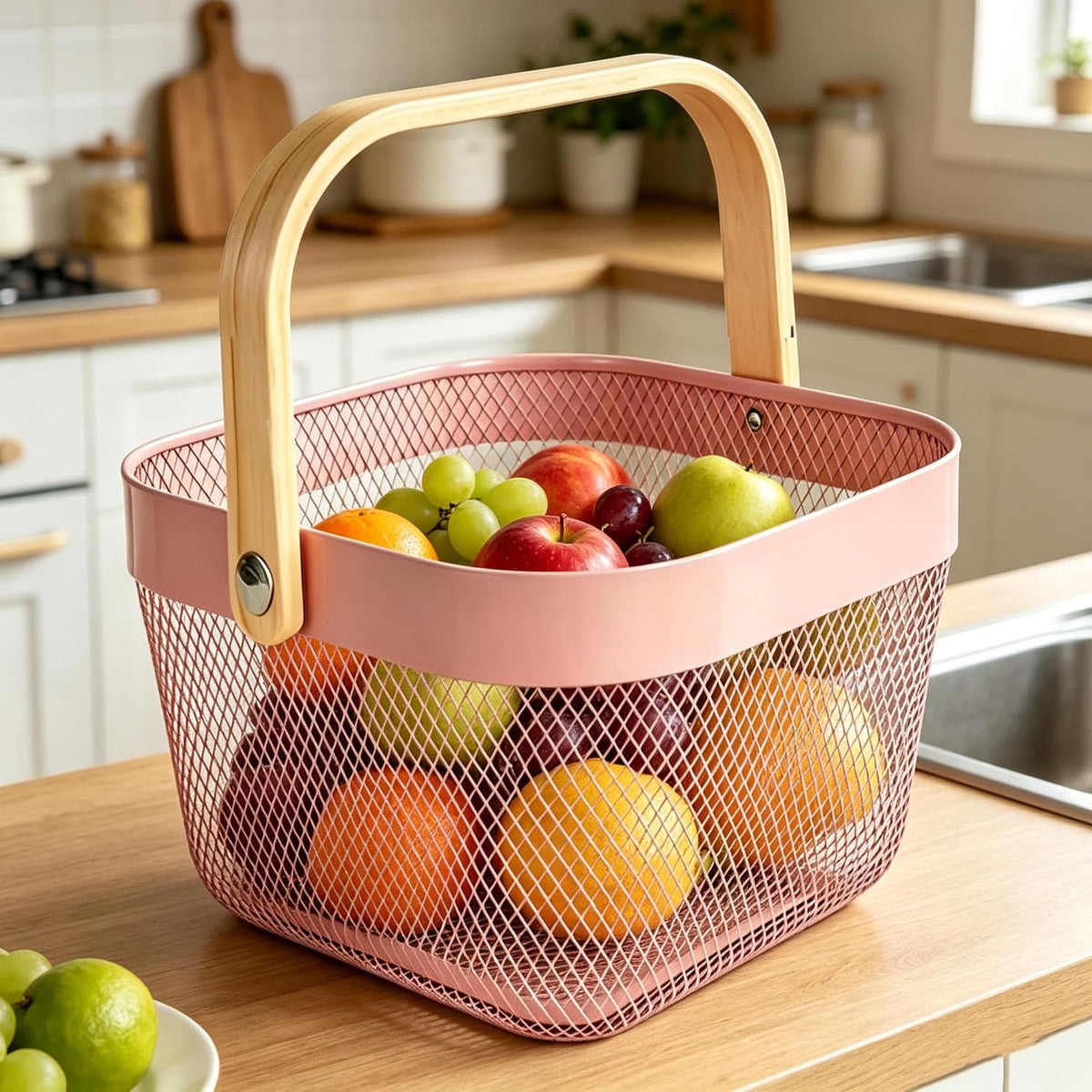 AJIODA Metal Mesh Wire Basket, Large Steel Basket with Wooden Handle Storage Organizer Basket Multi-functional Hanging Kitchen Baskets Fruit Baskets for Kitchen Bathroom Cabinet Pantry Snacks, Black