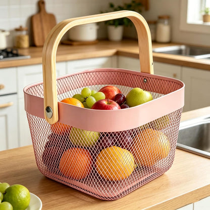 AJIODA Metal Mesh Wire Basket, Large Steel Basket with Wooden Handle Storage Organizer Basket Multi-functional Hanging Kitchen Baskets Fruit Baskets for Kitchen Bathroom Cabinet Pantry Snacks, Black