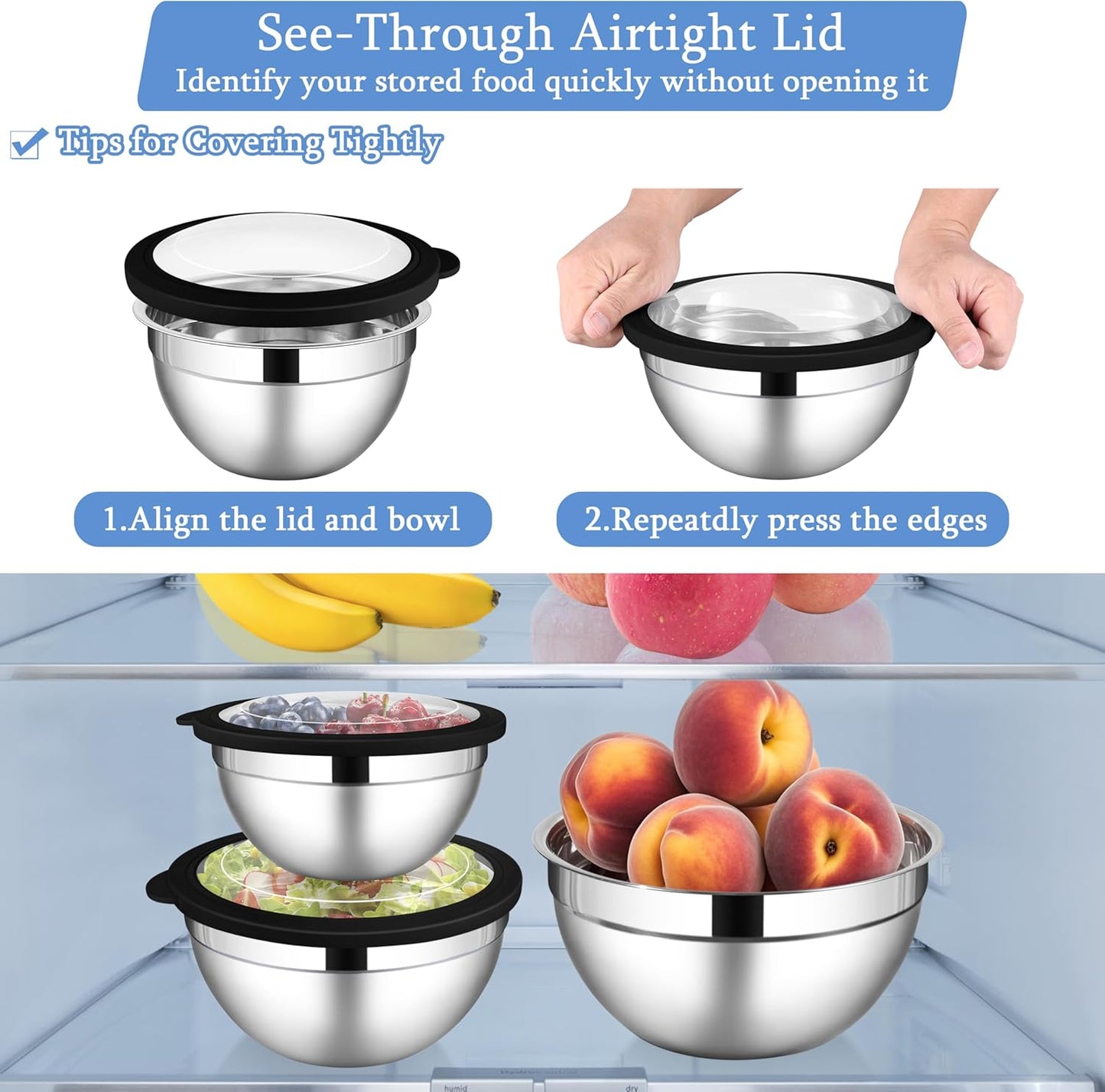LIANYU Mixing Bowls with Airtight Lids Sets, 3 Packs Stainless Steel Metal Mixing Bowls, Ideal for Prepping, Cooking, Storage, Serving, Freezer & Dishwasher Safe, Khaki