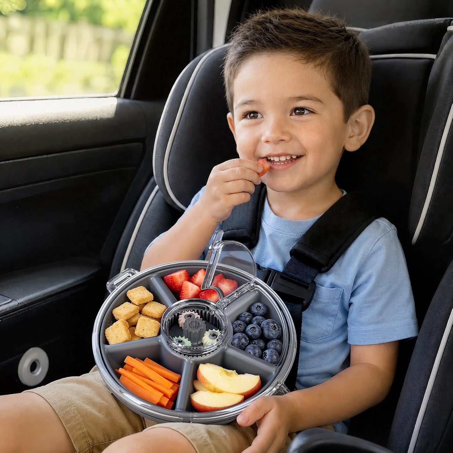 Kids Divided Snack Box with Hand Strap, Reusable 5-Compartment Kids Snack Container, BPA-Free Portable Candy & Nut Serving Platter for Travel, Parties, Picnics(Grey)