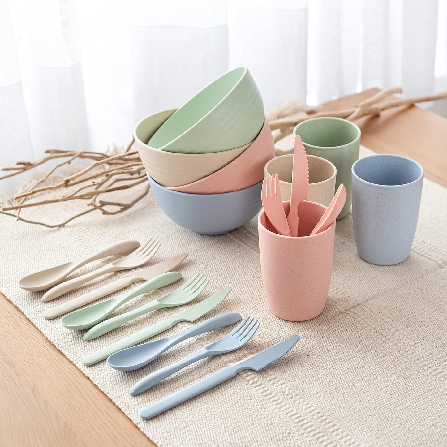 FOODLE Wheat Straw Dinnerware Set - BPA Free & Safety Tested - Microwave & Dishwasher Safe Dishes - Perfect for Camping, Picnic, RV, Dorm - Plates, Cups and Bowls - Great for Kids & Adults - For 4