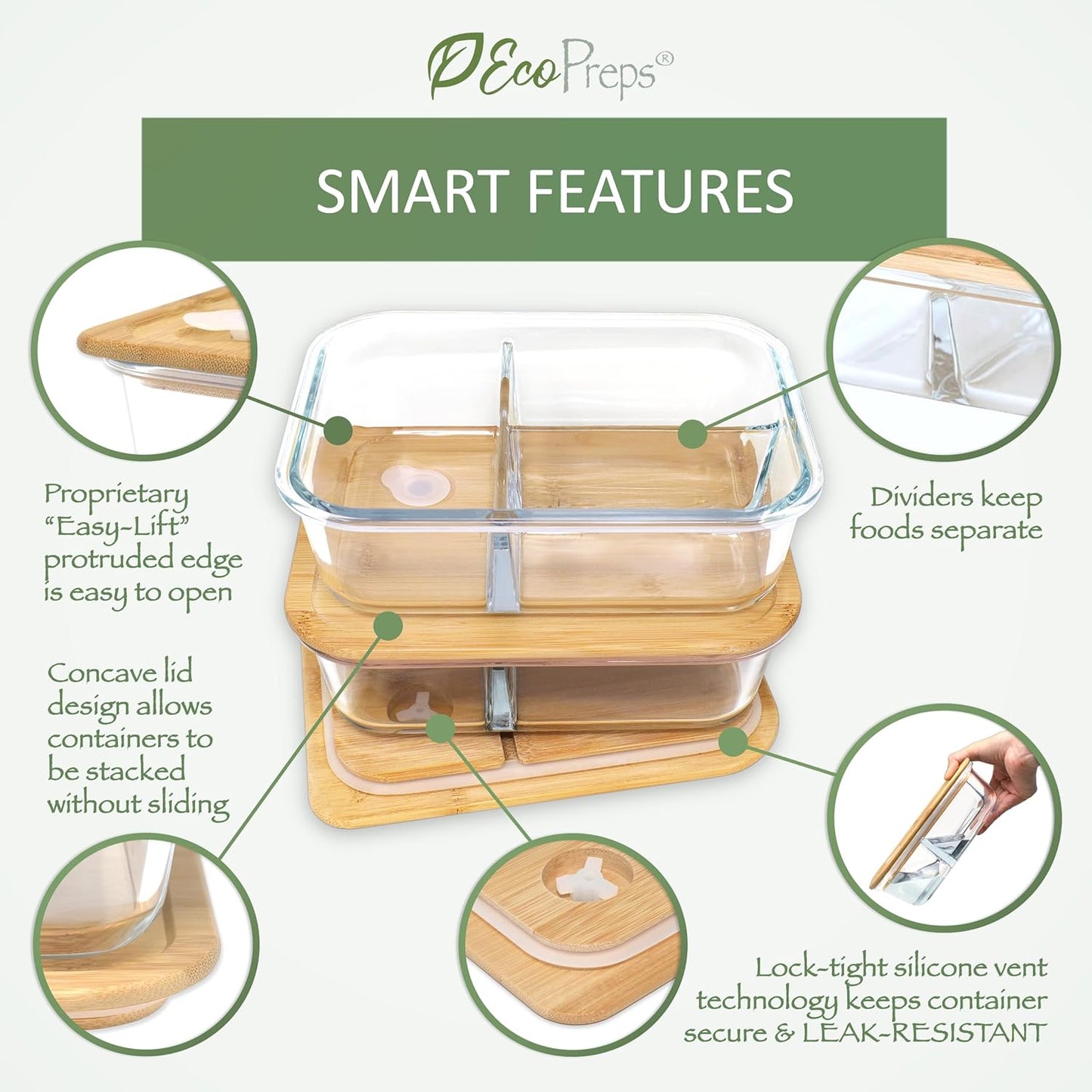 Glass Meal Prep Containers with Bamboo Lids (3 Pack) - 100% Plastic Free, Eco-Friendly Lunch Containers, Bamboo Lid Storage Container Set - Microwave Safe Glass Food Storage Container Set