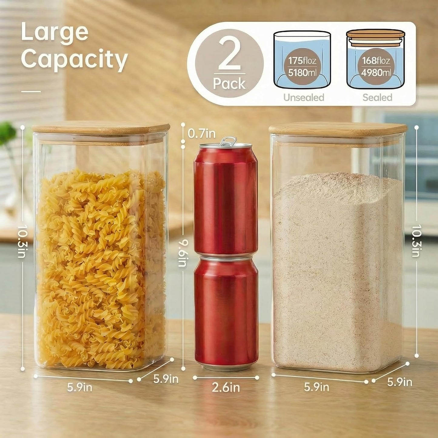 Large Glass Storage Containers 168oz, 2 Pack Pantry Jars with Bamboo Lids | Square Borosilicate Glass Jar with Airtight Lid Keep Flour, Sugar & Rice Fresh, Fits 5lb Bag, BPA-Free for Pantry Organizer
