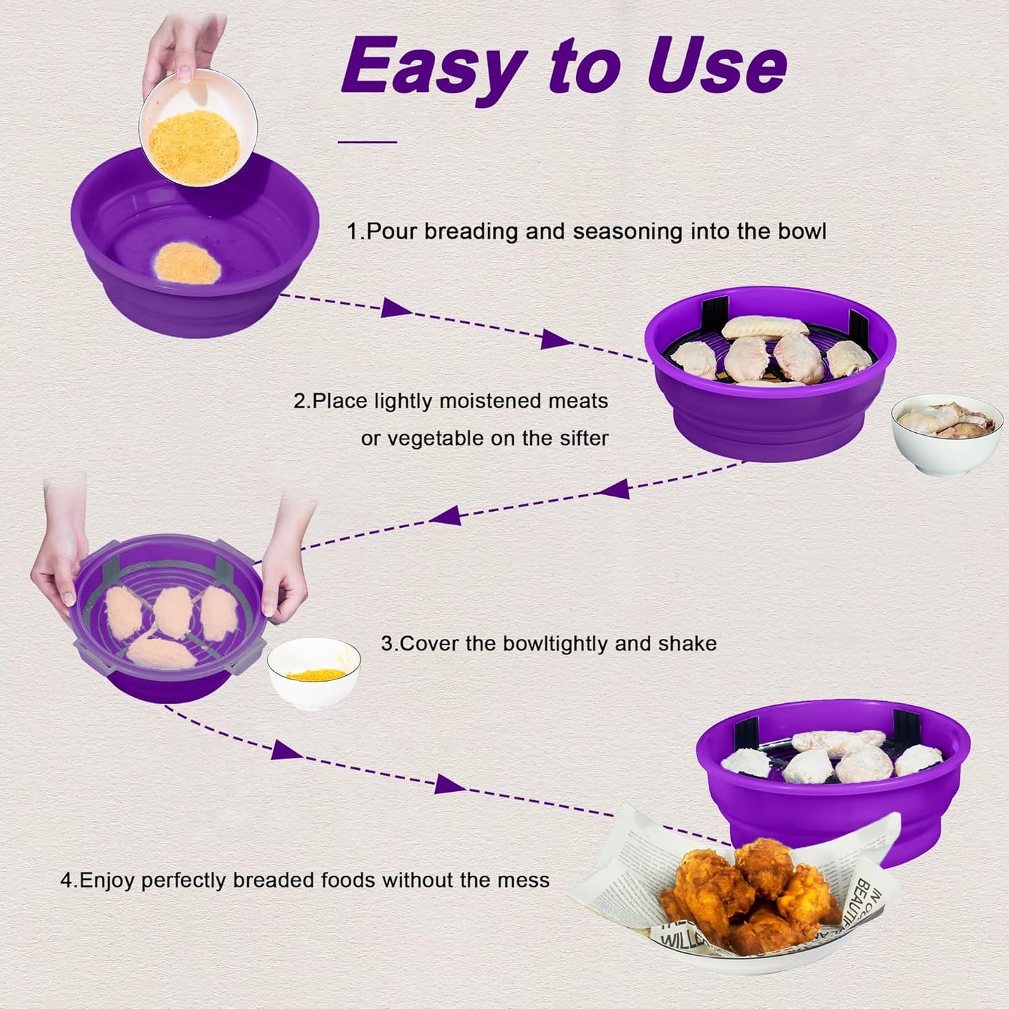 FJNATINH Collapsible Batter Bowl - Mess Free Better Breader Shaker Bowl with Lid Breading Shaker Container for Fried Fish, Fried Chicken, Onion Rings & More,No Leak,Easy to Store,Light Blue