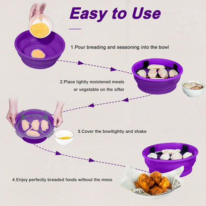 FJNATINH Collapsible Batter Bowl - Mess Free Better Breader Shaker Bowl with Lid Breading Shaker Container for Fried Fish, Fried Chicken, Onion Rings & More,No Leak,Easy to Store,Light Blue