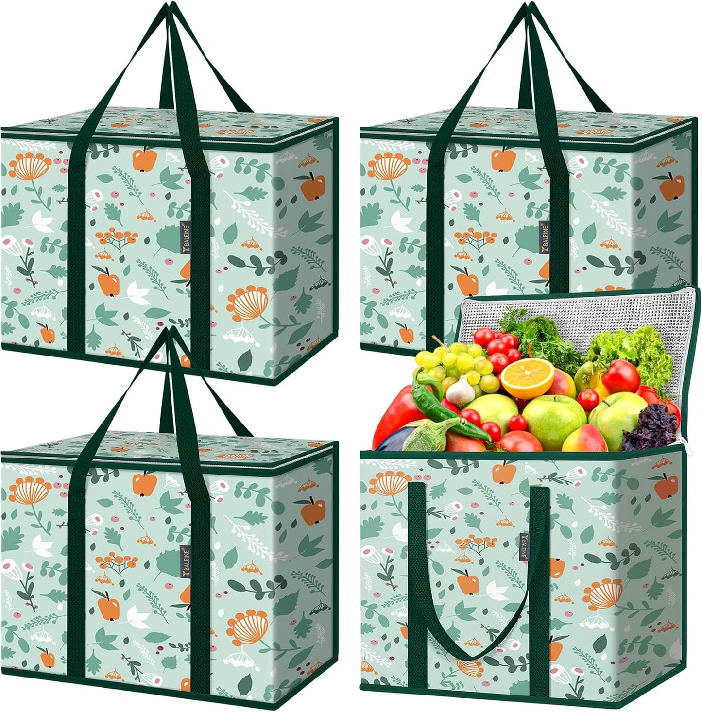 BALEINE 2Pk Insulated Reusable Grocery Bags, Collapsible Cooler Bag for Groceries, Heavy Duty Large Insulated Bag (16''x9''x13'', Antique Foliage)
