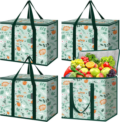 BALEINE 2Pk Insulated Reusable Grocery Bags, Collapsible Cooler Bag for Groceries, Heavy Duty Large Insulated Bag (16''x9''x13'', Antique Foliage)