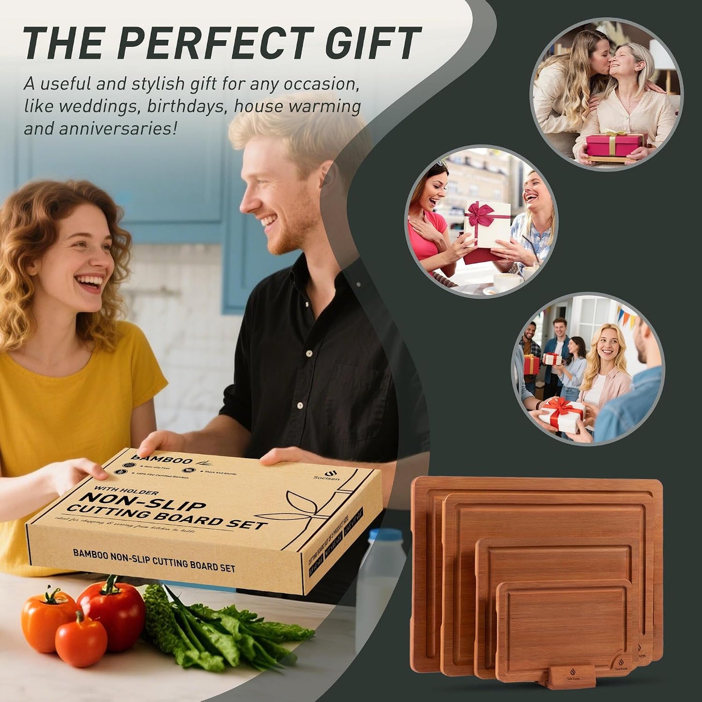 3 Packs Bamboo Cutting Board Set with Non Slip Feet Holder and Over Sink Nice Solid Thick Wood Juice Groove Chopping Board Extra Large Big Small Best Hardwood Kitchen Organic Vegetable Meat BBQ Kit