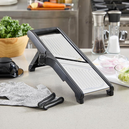 Restaurantware Stainless Steel Adjustable Mandoline Slicer - German Standard Vegetable Slicer with Blade Guard, Includes Cut-Resistant Gloves - Food Slicer for Potato, Onions, Cucumbers, Tomato