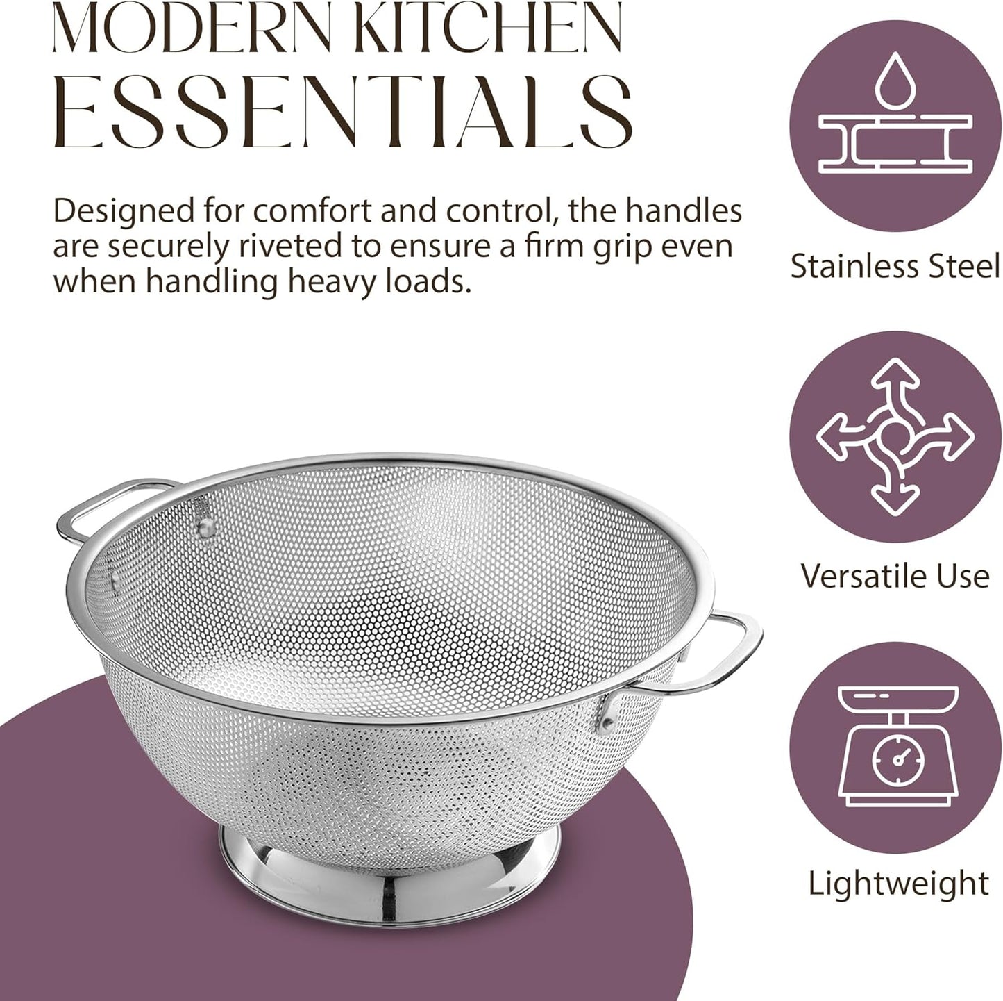 Bellemain 3 Qt Metal Colander with Handle | Pasta, Spaghetti, Berry, Fruit, Vegetable, Kitchen Food Strainer Basket | 18/8 Stainless Steel Colander Bowl | Pot Drainer for Cooking, Sifter Strainer