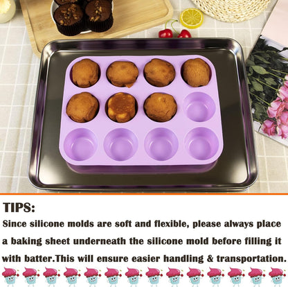 24 Cups Silicone Mini Muffin Pan Set, Nonstick Mini Cupcake Pans, BPA Free Small Muffin Tin for Baking, Set of 2 (Green+Purple)