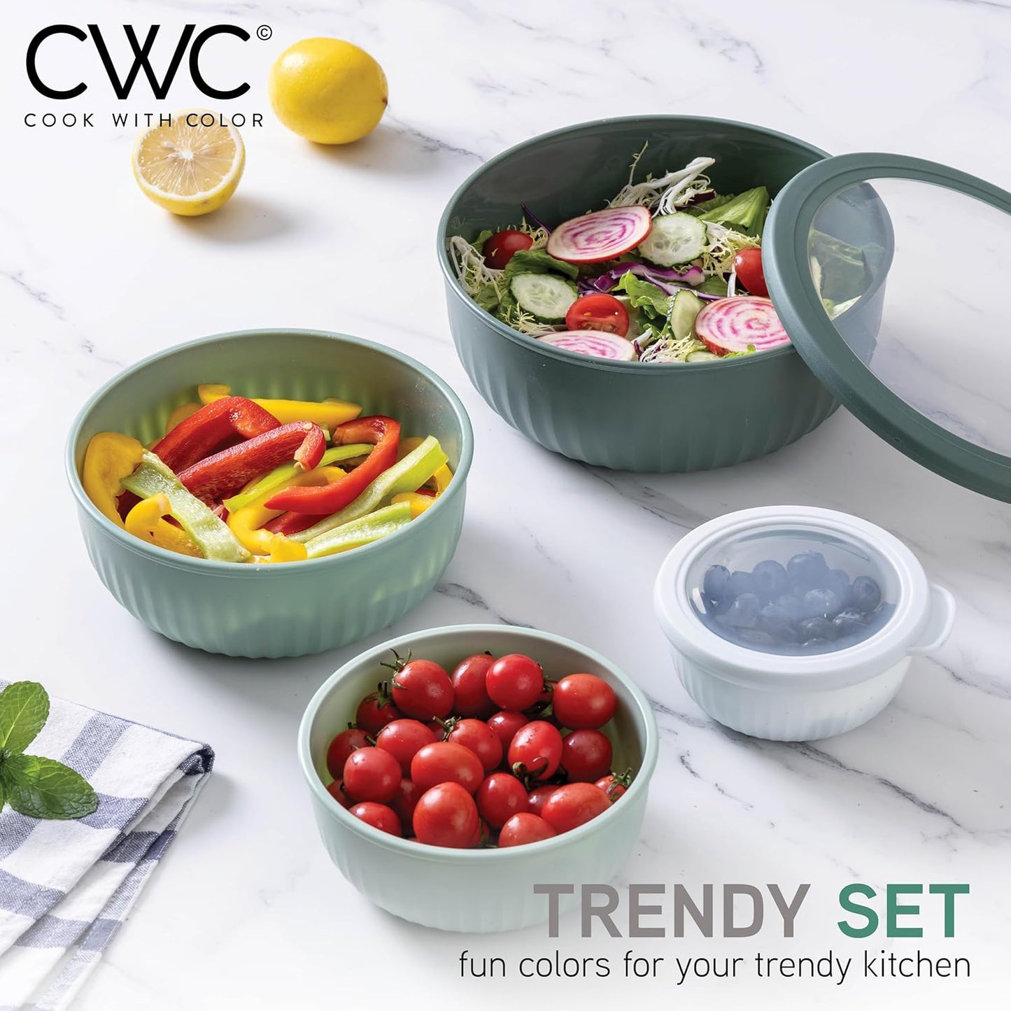 COOK WITH COLOR Prep Bowls with Lids- Wide and Deep Nesting Plastic Small Mixing Bowl Set with Lids, 8 Piece Set - Wide Bowls, Blue