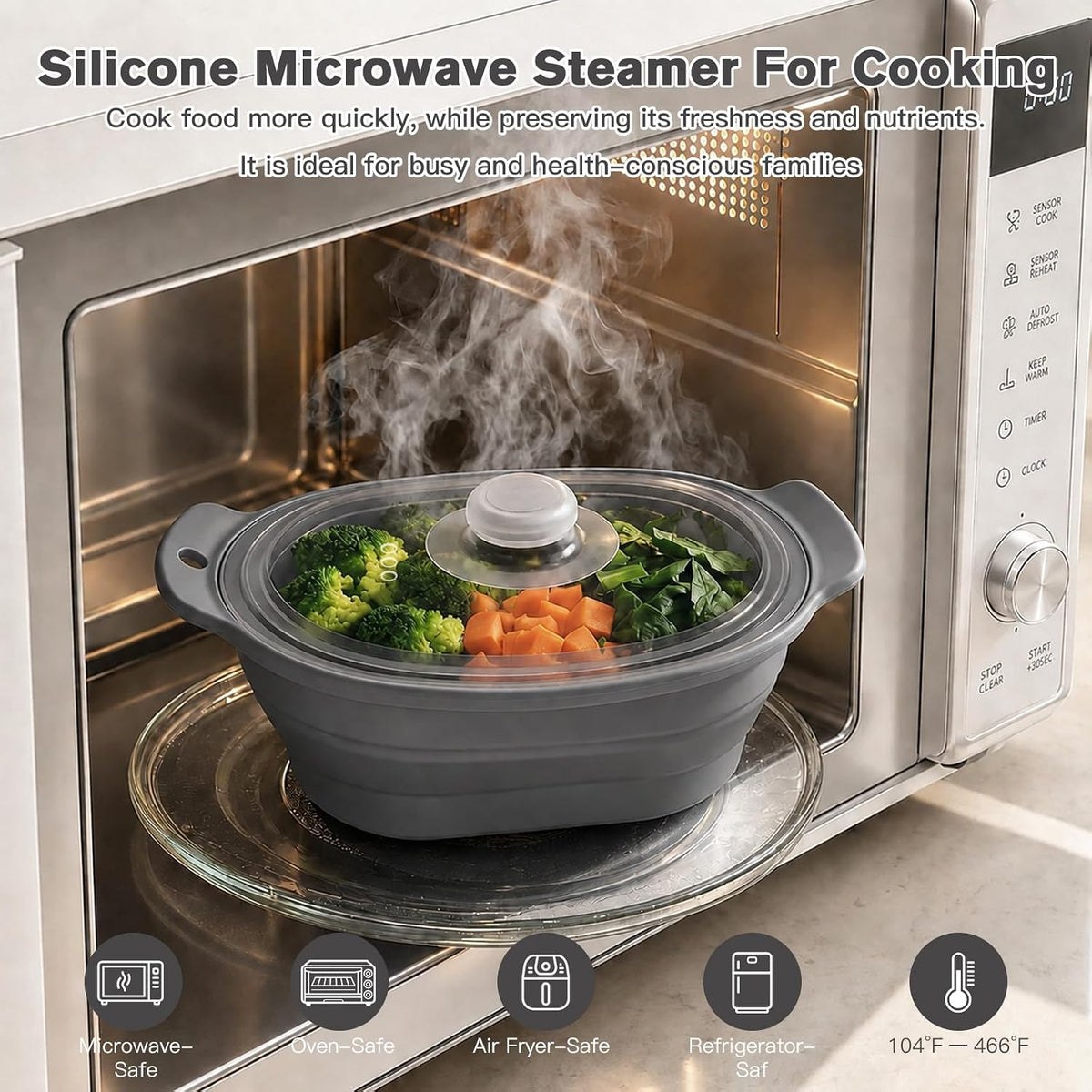 40oz Silicone Microwave Steamer For Cooking Food, Vegetable Steamer, Grey