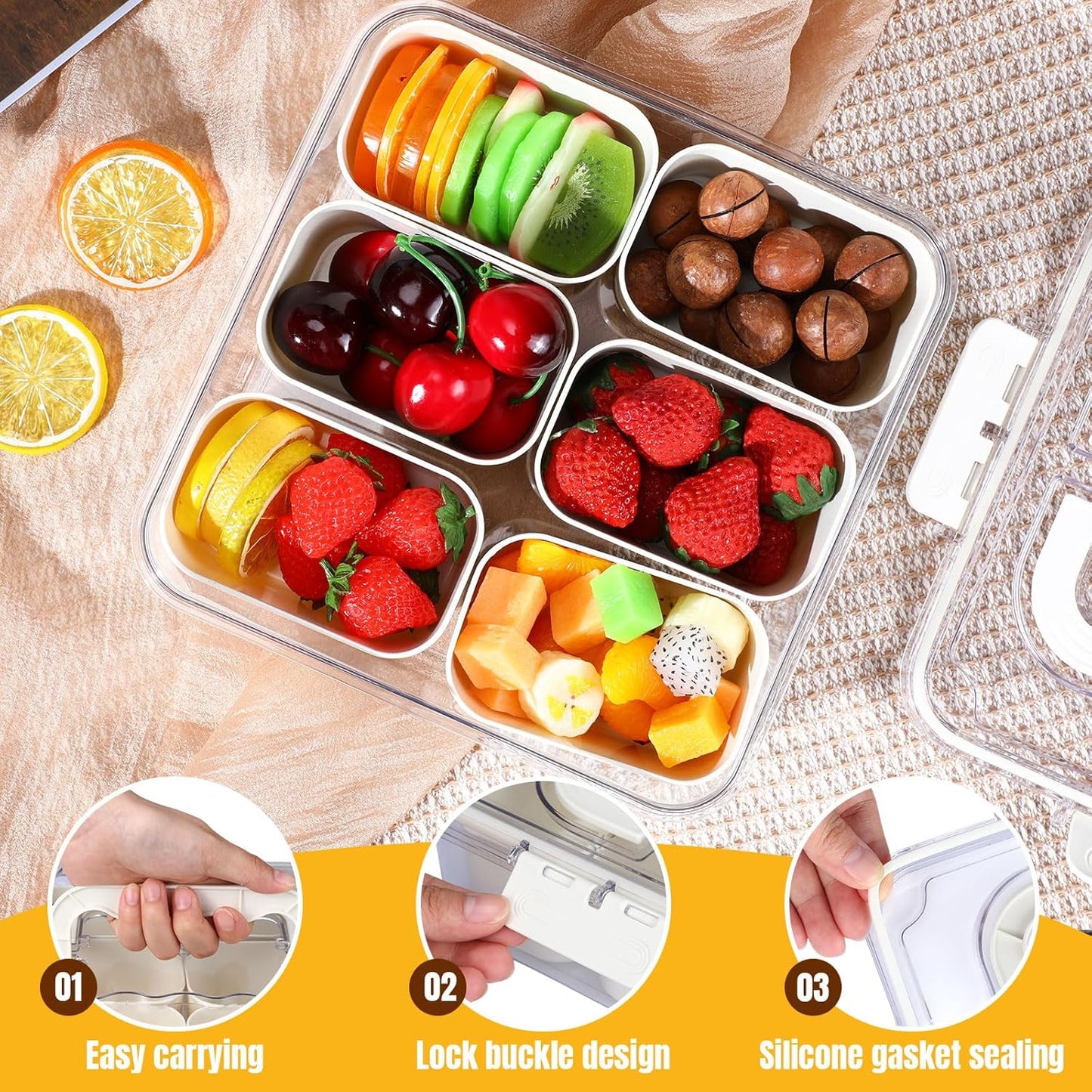 4 Pcs Divided Serving Tray with Lid Snack Box Container Portable Fruit Veggie Tray Charcuterie Container Portable Platter for Candy Fruits Nuts Snack Party Entertaining Picnic