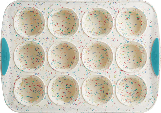 Trudeau Structured Silicone Muffin Pan, 12 Cup Confetti/Aqua, Steel-Reinforced Rim, BPA-Free Nonstick Bakeware, Oven Safe to 428°F, Freezer & Dishwasher Safe