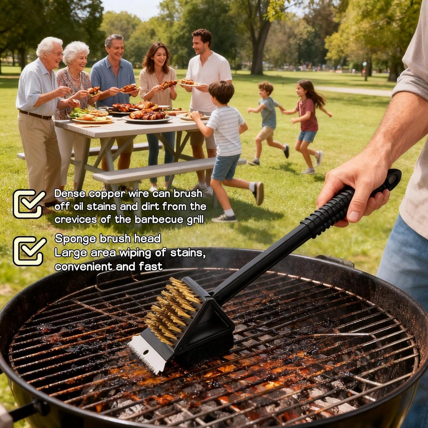 3-in-1 Grill Brush with Scraper & Scrub Pad, 14.5" Long Handle Brass Brush for BBQ Grill Cleaning, Heavy Duty Copper Bristles, Rust-Proof, Hanging Hook, Safe for Gas/Charcoal Grills