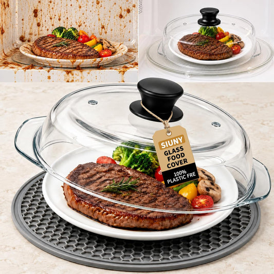 Glass Microwave Cover for Food, Tall Microwave Splatter Cover with Silicone Mat, Vent Holes, BPA Free, Dishwasher Safe, 10 Inch, High Borosilicate Glass Plate Lid with Side Tabs