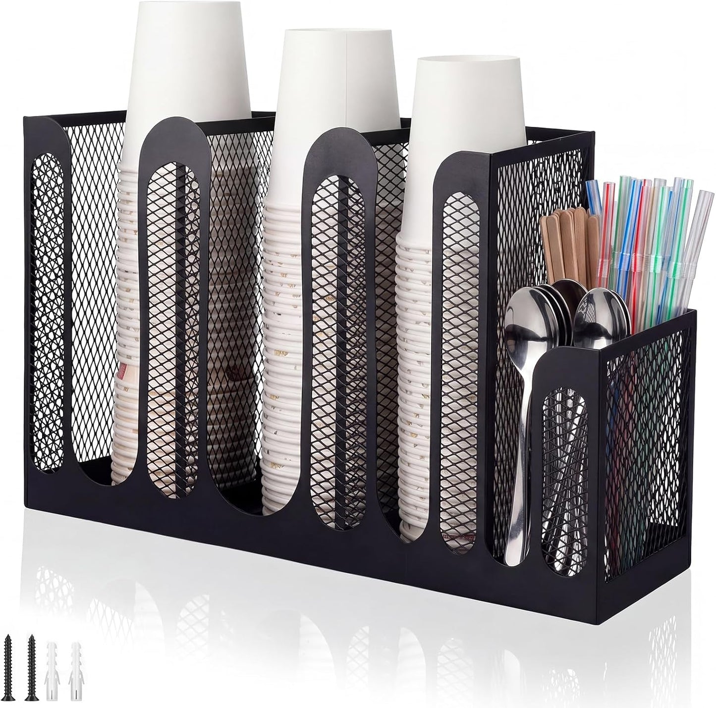 Maxcheck Metal Mesh Cup and Lid Holder Coffee Paper Cup Dispenser Lid Holder Storage Organizer Countertop or Wall Mount for Coffee Bar, Kitchen, Breakroom(4 Compartments,16.1 x 4.1 x 8 Inch)