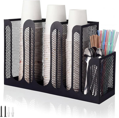 Maxcheck Metal Mesh Cup and Lid Holder Coffee Paper Cup Dispenser Lid Holder Storage Organizer Countertop or Wall Mount for Coffee Bar, Kitchen, Breakroom(4 Compartments,16.1 x 4.1 x 8 Inch)