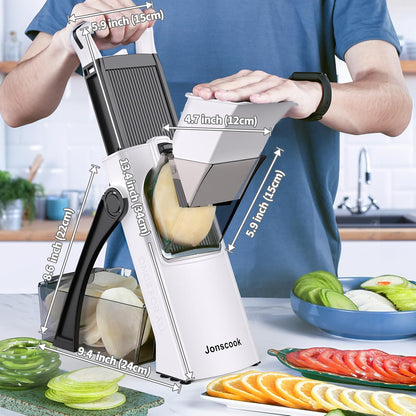 Jonscook All-in-1 Update Safe Mandoline Slicer for Kitchen, Food Chopper with Container, Thickness Adjustable Vegetable Chopper, Potato French Fry Cutter Tomato Apple Slicer Onion (BlackKnight)