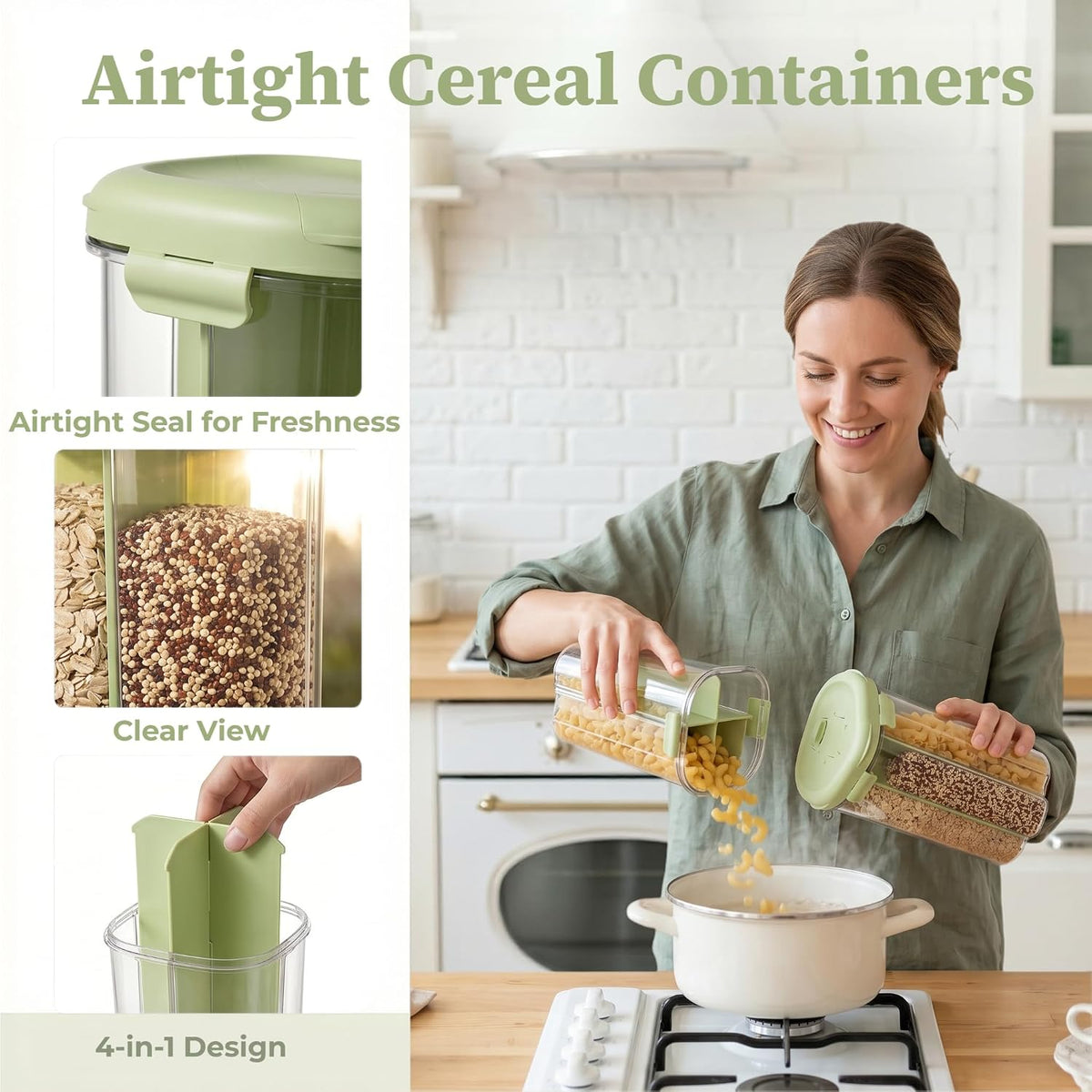 4 Compartment Airtight Cereal Storage Containers Set with Lids 2.9 Qt | Food Storage Jar, Pantry Organization, Pasta Cereal Dry Food, Stackable Pantry Storage Container, Nordic Style Storage