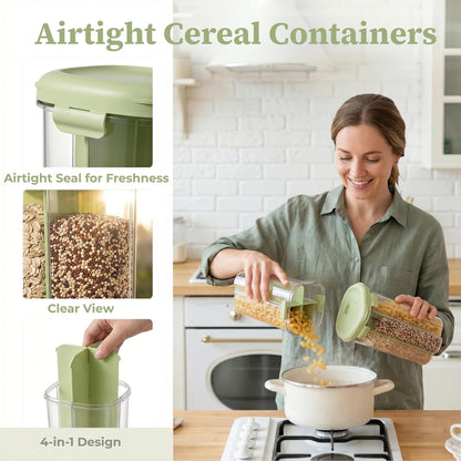 4 Compartment Airtight Cereal Storage Containers Set with Lids 2.9 Qt | Food Storage Jar, Pantry Organization, Pasta Cereal Dry Food, Stackable Pantry Storage Container, Nordic Style Storage