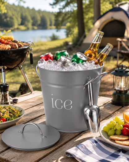 3Qt Black Galvanized Ice Bucket with Lid, Scoop & Handles - Ideal for Cocktails, Parties, BBQs, Wine & Champagne. Double-Layer Insulated Outer & Galvanized Inner Layer, Perfect for Home & Outdoor Use