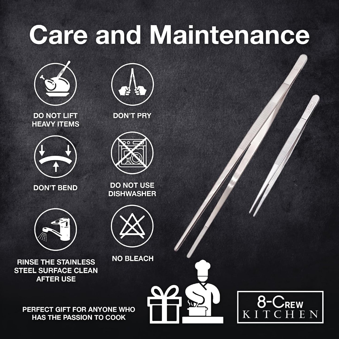 8-CREW KITCHEN Professional Chef Tongs 2 pc Set - 12” 304 Stainless Steel Tweezer for Cooking and Multi-Use - 6” Culinary Tweezer for Plating, Bar and Food Decorating