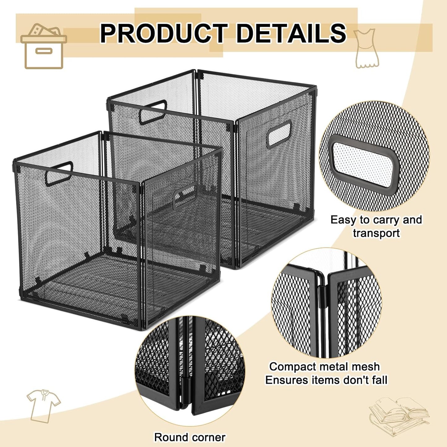 Funnymoom 2 Pcs Foldable Metal Wire Basket 13 x 13 Inch Black Cube Storage Bins Stackable Wire Laundry Baskets Organizer with Handle for Shelves Pantry Cabinet File Graduation Gift