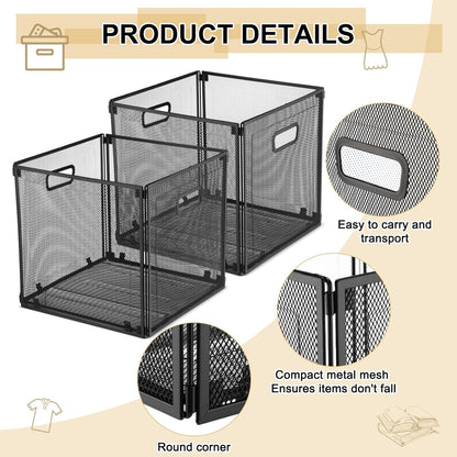Funnymoom 2 Pcs Foldable Metal Wire Basket 13 x 13 Inch Black Cube Storage Bins Stackable Wire Laundry Baskets Organizer with Handle for Shelves Pantry Cabinet File Graduation Gift